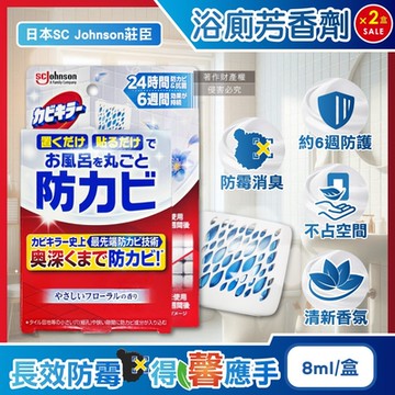 (2盒超值組)日本SC Johnson莊臣-約6週長效縫隙防霉浴廁芳香劑8ml/盒-花香藍標(放置型消臭,壁掛式廁所香氛,衛浴去味擴香,空氣清新風呂磁磚天花板除黑斑)