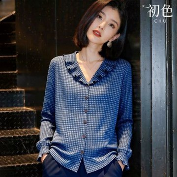 初色 復古翻領褶皺荷葉袖長袖花邊格紋單排釦襯衫T恤上衣女上衣-藍色-19477(M-2XL可選)
