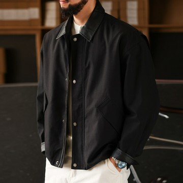 Wuluwear 美式復古穀倉工裝夾克男廓形巴恩風皮質拼接翻領外套春