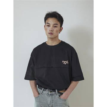 RESPECT MY WAY美式拼接短袖男潮牌寬松簡約夏季發泡字母印花T恤