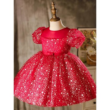 亮片女童禮服2024新款春季小花童兒童比賽寶寶一周歲生日公主裙紗