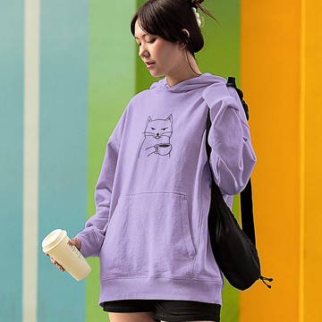 Cat Coffee 刷毛帽T 中性版 淺紫色  貓咪咖啡趣味貓之日禮物秋冬