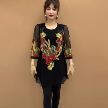 洋氣中老年媽媽薄款蕾絲打底小衫春夏季新款高貴印花燙鉆網紗小衫