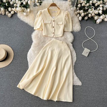 名媛氣質兩件套裝夏季新款女短款泡泡袖襯衫上衣高腰顯瘦半身裙子