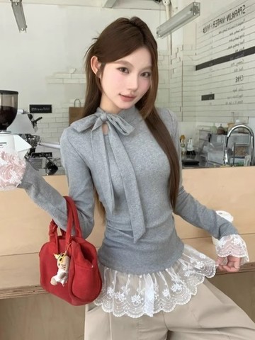 9th street設計感蕾絲假兩件拼接長袖灰色T恤女秋季收腰顯瘦綁帶打底上衣