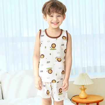 韓國 Maykids - 透氣條紋提花棉無袖家居服-獅子的一天-米膚