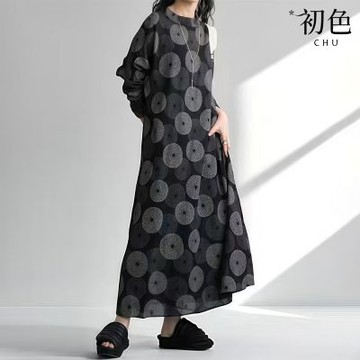 初色 日系復古休閒寬鬆垂墜印花立領長袖連衣裙連身洋裝長裙-共2色-17613(F可選)