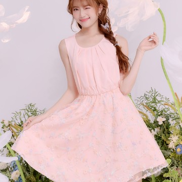 立體花朵抓摺無袖短袖洋裝