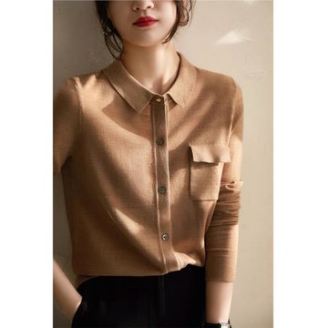 正品哥家新款女2025春裝法式翻領羊毛襯衫上衣打底衫針織開衫女裝