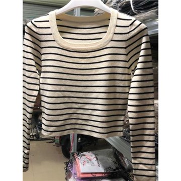 條紋U領針織上衣打底衫女春秋短款修身套頭毛衣長袖秋冬內搭外穿t