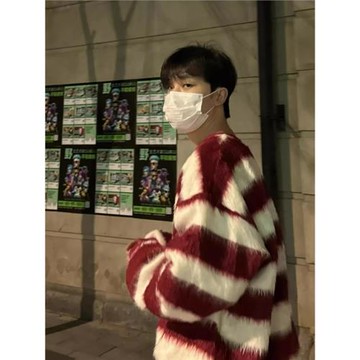 水貂絨條紋情侶毛衣男秋冬季韓版寬松針織衫oversize圓領軟糯上衣