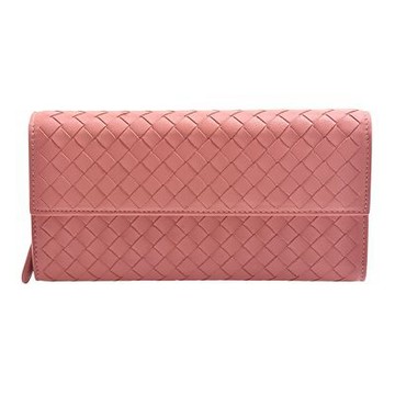 BOTTEGA VENETA 經典編織羊皮暗釦拉鍊長夾(藕粉橘色)