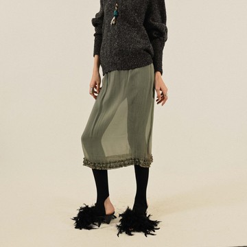 【NaSuBi Vintage】荷葉綴飾透膚紗質古著半身裙