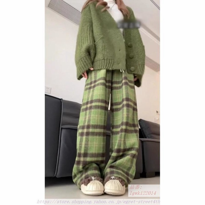 緑チェックズボン レディース おしゃれ ワイドレッグパンツ