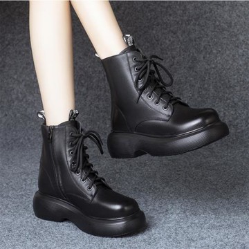 厚底馬丁靴女加絨真皮鞋春秋單靴2024年冬季新款女鞋中跟靴子短靴