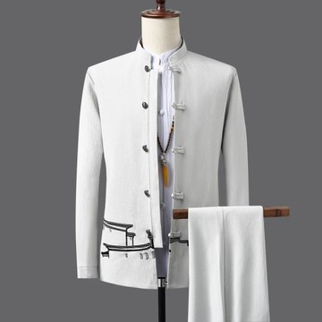 唐裝男春秋款中國風套裝復古風刺繡青年大碼修身中山裝西服外套潮