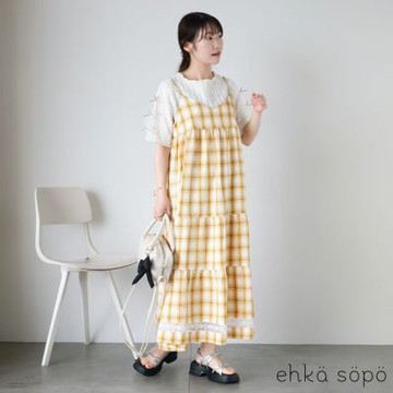 【ehka sopo】經典格紋蛋糕分層感下襬蕾絲吊帶洋裝