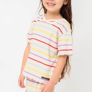 日本 BREEZE - 前後2way線條羅紋短袖上衣-條紋-彩虹