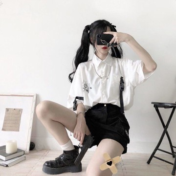 【蜜糖の美式】臺灣出貨單/套裝新款寬鬆時尚短袖襯衫+闊腿工裝短褲BF風夏季套裝女學生裝