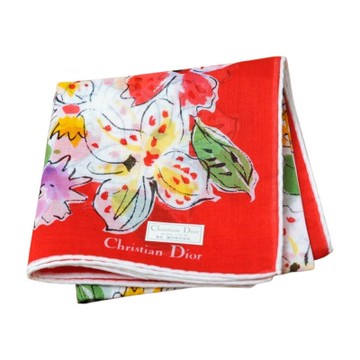 Christian DIOR 緋紅花境夢幻圖騰品牌字母LOGO帕巾(米白/紅邊/45CM)
