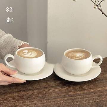 【緣起歸茶】復古磨砂陶瓷杯碟套裝 300ml大容量 石紋咖啡杯 厚實下午茶杯 可選帶把/無把 黑白兩色