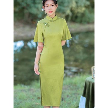 名麗綠色飛飛袖中長款改良旗袍年輕氣質復古民國風顯瘦法式連衣裙