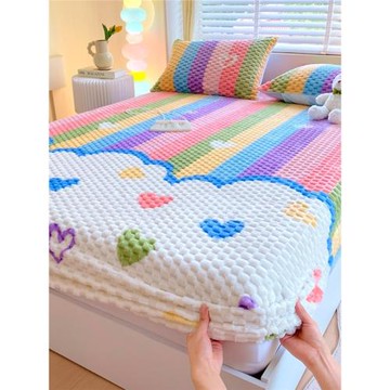 秋冬床笠床墊保護罩兒童牛奶絨豆豆絨床笠罩床墊套女孩珊瑚絨床罩