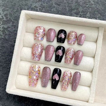 ✨Hannah✨新款純手工穿戴甲高級顯白百搭粉貓眼愛心碎鑽美甲假指甲美甲師藝禾 SCYD