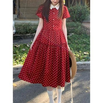 甜美泡泡袖紅色波點收腰連衣裙女夏學院風假兩件可愛娃娃領中長裙