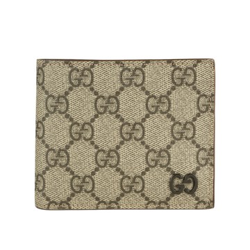 GUCCI 棕色GG Logo 塗層帆布對開8卡短夾/米色/烏木色