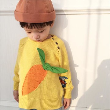 秋冬童裝INS款寶寶黃色胡蘿卜男女兒童純棉線加厚絨針織保暖毛衣