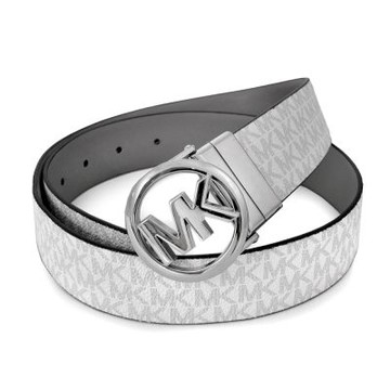 MICHAEL KORS 鏤空大圓標Logo滿版MK搭配皮革35mm雙面翻轉皮帶(香草白灰色)