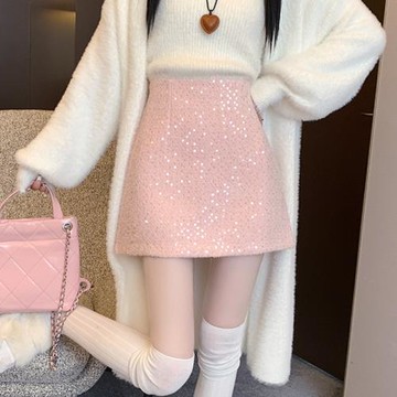 粉色小香風亮片半身裙女秋冬季高腰a字包臀短裙冬天配大衣的裙子