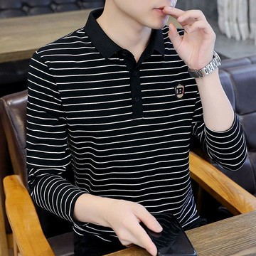 高檔新款~長袖T恤男士春秋裝潮流休閒上衣休閒帥氣百搭條紋POLO衫 長袖T恤 條紋上衣 男生上衣 打底衫 翻領上衣 T恤
