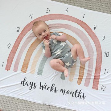 2022新款卡通可愛彩虹獨角獸印花法蘭絨里程碑毯子嬰兒拍照紀念毯