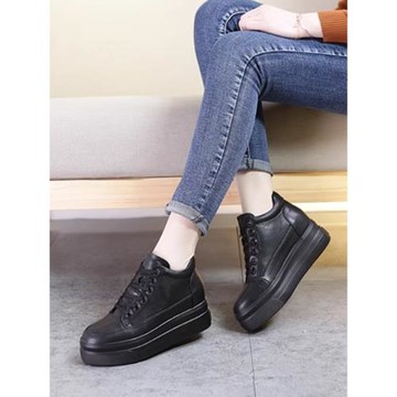 全黑色鞋子女2024新款真皮百搭韓版內增高小黑鞋厚底休閑鞋運動鞋