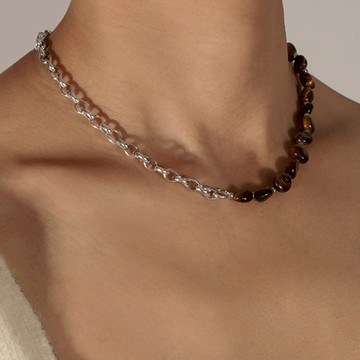 《316小舖》新品免運【F633/N374】(優質鈦鋼項鍊-美拉德風天然虎眼石項鍊復古手工串珠拼接o字鏈首飾套裝女項鏈)