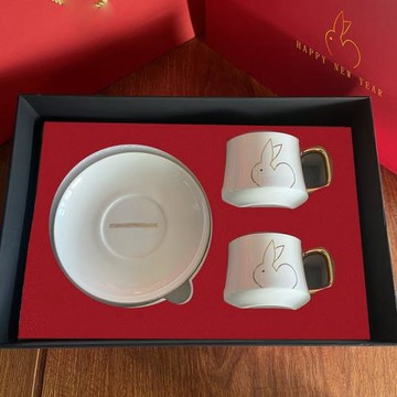2023兔年禮品骨瓷咖啡杯禮盒裝商務禮品新年禮物金邊簡約咖啡杯碟