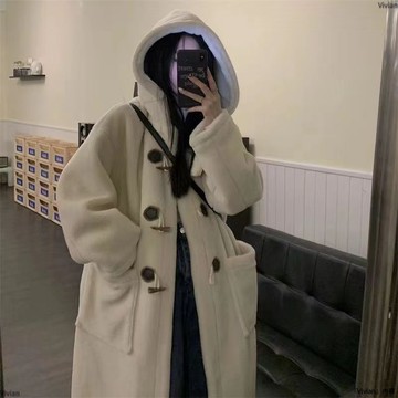 秋冬季中長款牛角扣仿羊羔毛外套女羊羔絨學院風保暖連帽大衣