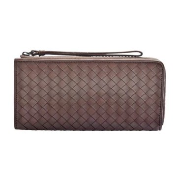 BOTTEGA VENETA 經典編織羊皮L型掛腕拉鍊長夾(咖啡色)