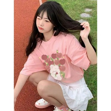 💕甜心大尺碼💕M-5XL 大尺碼日系甜妹穿搭可愛小兔子鬱金香印花女學生短袖t恤女小眾純棉軟妹4397
