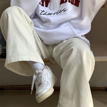 白色燈芯絨闊腿褲女秋冬加絨加厚學生百搭寬松顯瘦直筒褲休閑褲子