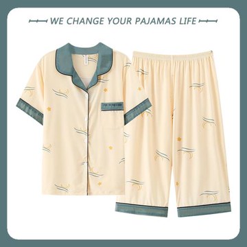 高級感睡衣女夏季純棉短袖七分褲開衫家居服夏天薄款可外穿兩件套