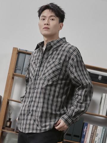 府綢造型格紋長袖襯衫