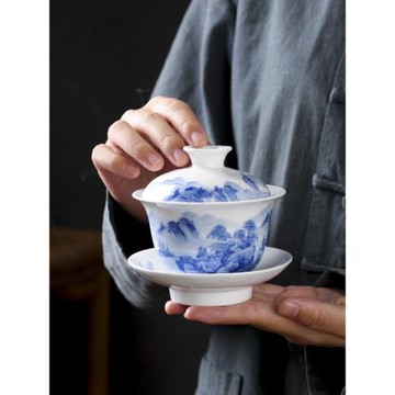 景德鎮手繪山水青花瓷蓋碗單個高檔釉下彩陶瓷手工三才敬茶泡茶碗
