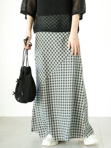 優雅撞色格紋不對稱側拼接剪裁長裙(FD43L0L0280) - Lugnoncure