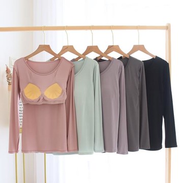 日系莫代爾棉帶胸墊睡衣女單件上衣秋冬長袖免文胸休閑家居服T恤
