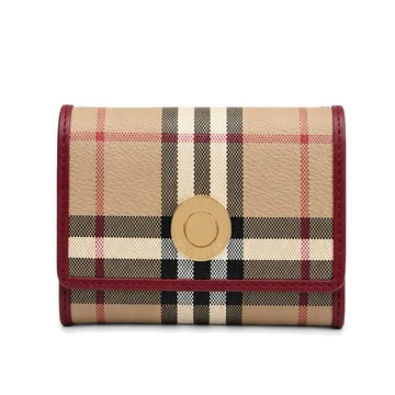 [平輸版]BURBERRY浮雕LOGO格紋皮革小型三折短夾(寶石紅)真品平輸