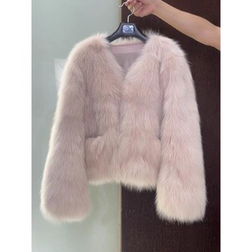 (免運)環保狐貍毛皮草外套女士短款2025早秋新款韓版V領粉色毛茸茸大衣