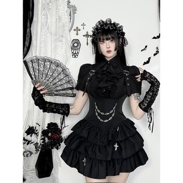 Wannathis哥特風黑色女巫蓬蓬裙套裝辣妹亞文化y2k女仆洛麗塔套裝